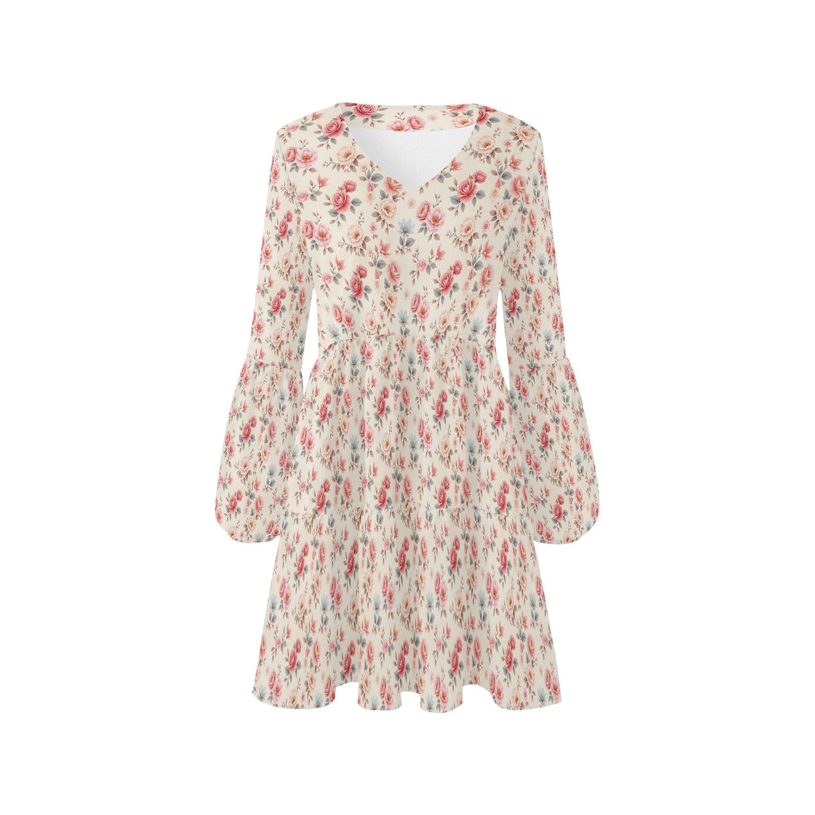 product front flat lay floral v neck mini dress tiered skirt long sleeves