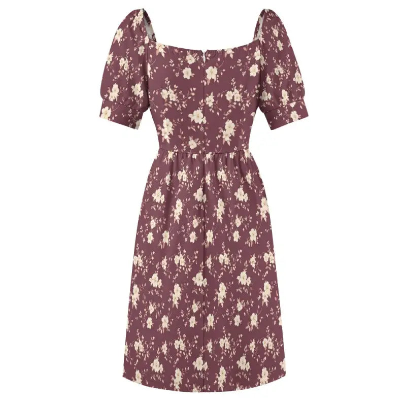 Burgundy floral sweetheart dress with puff sleeves, perfect for a sassy look