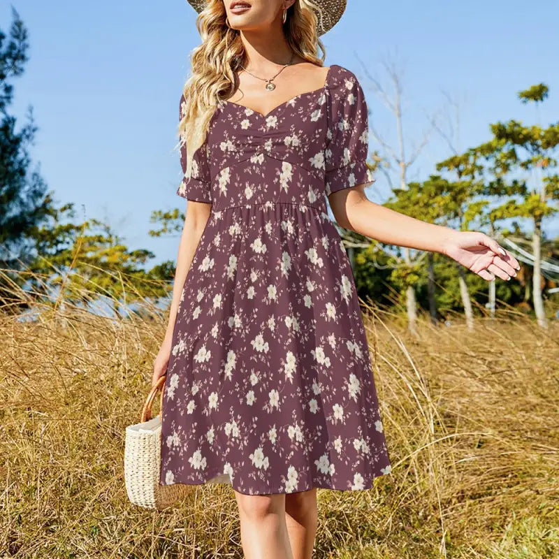 Floral print purple dress with short sleeves and square neckline for stylish sassy vibes