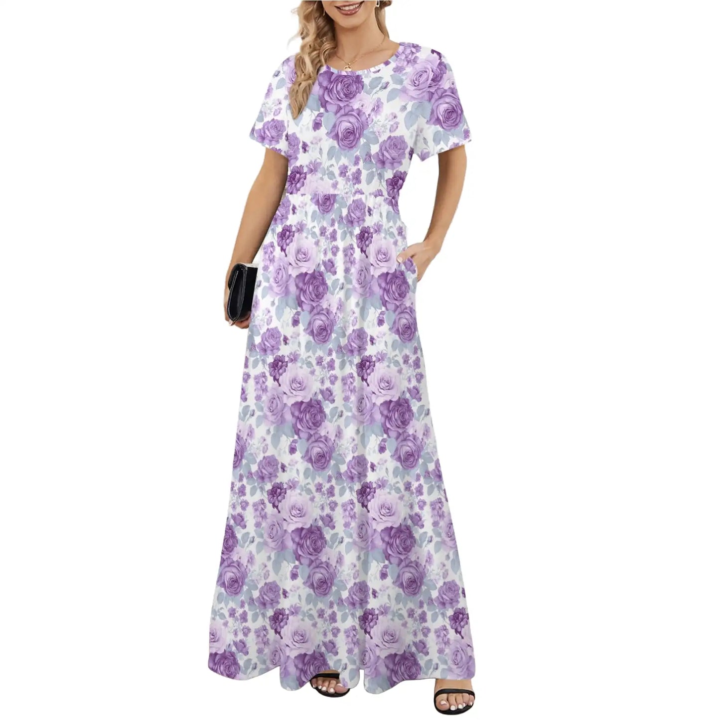 purple floral maxi dress front view pleated silhouette
