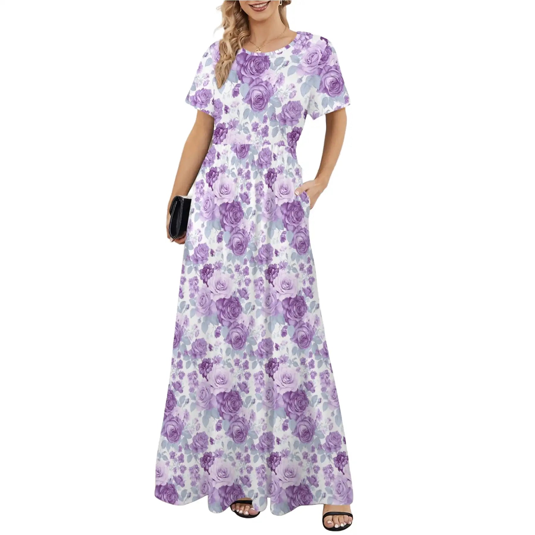 purple floral maxi dress front view pleated silhouette