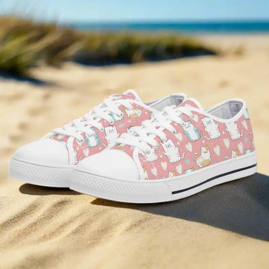 Cute pink women’s cat sneakers with a llama pattern and white laces for fun lovers