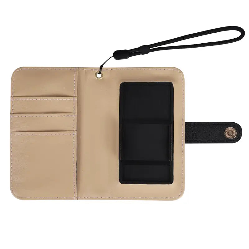 Beige and black cat wallet phone case with card slots and a clear window