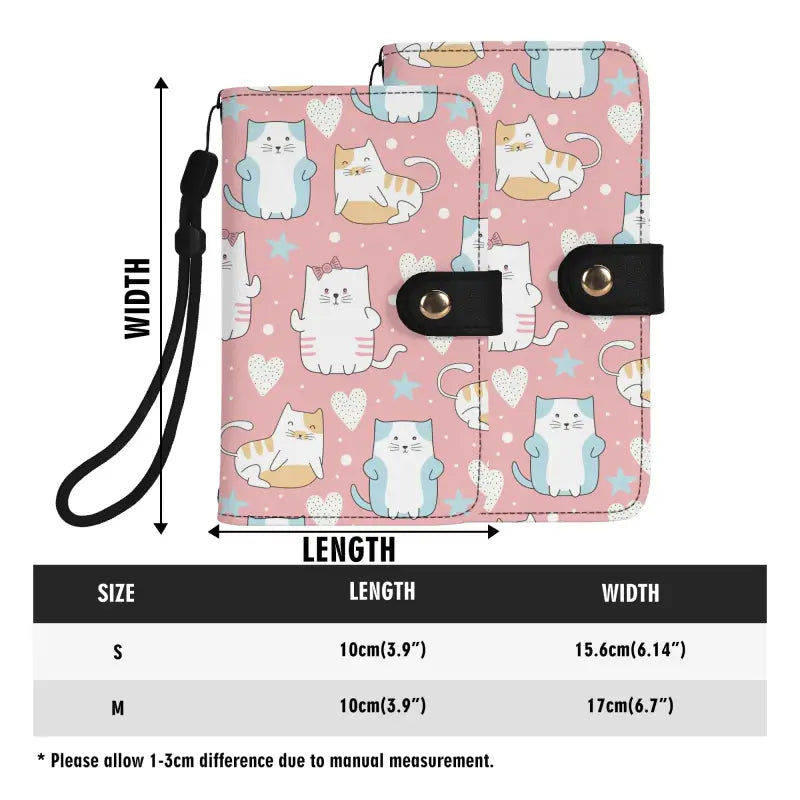 Cute pink cat wallet phone case with wrist strap and snap closures for cat lovers