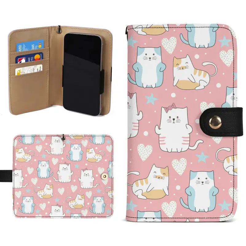 Purrfectly Pink Cat Wallet Phone Case with cute cat pattern on pink background