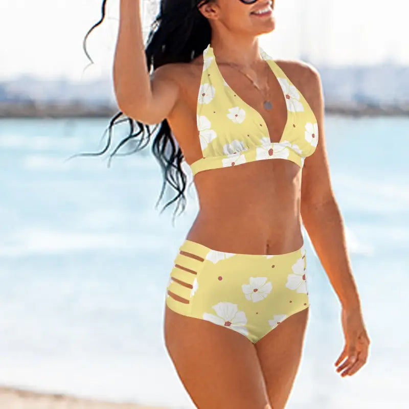 Yellow floral bikini set with side cutouts for a chic pastel yellow vibe