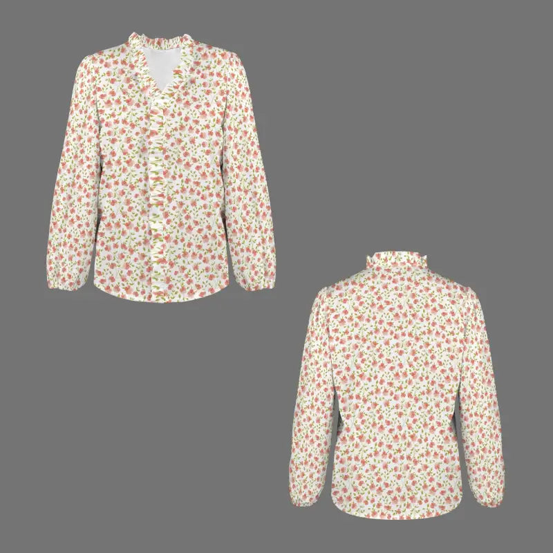 Floral blouse in peach with long sleeves and v-neck, perfect for trendy outfits