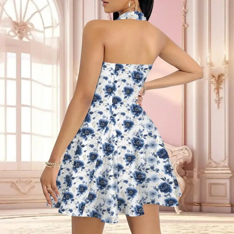 Halter-style dress with ruffled hem and blue floral print perfect for any occasion