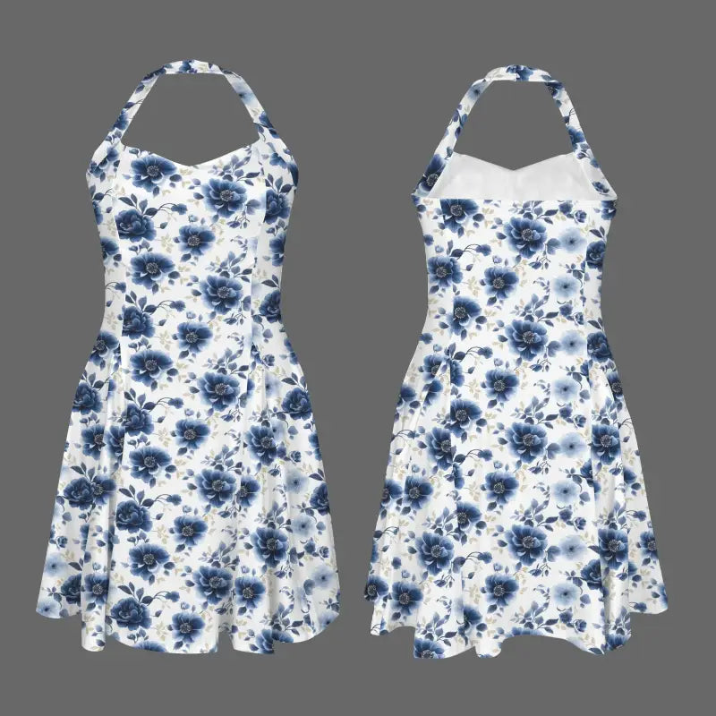 White halter dress with blue floral print and a stylish ruffled hem for summer fun