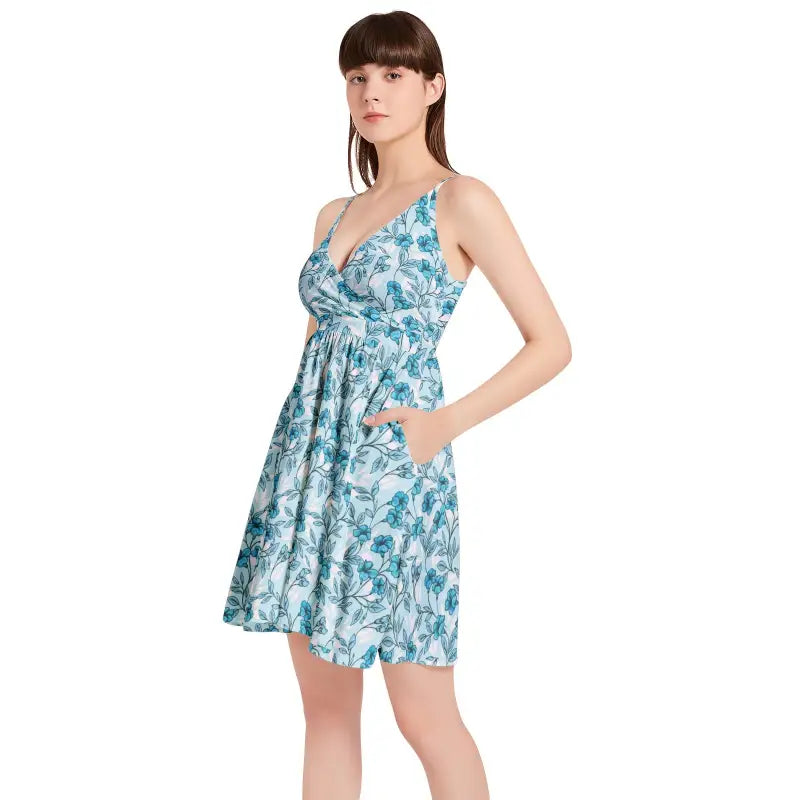 Sleeveless blue floral spaghetti strap mini dress perfect for summer vibes and style