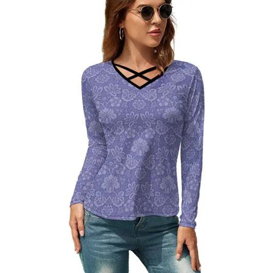 Purple floral print long sleeve t-shirt with crisscross v-neck detail for a casual look