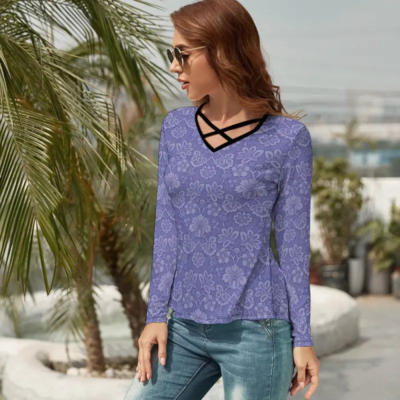 Purple floral long sleeve t-shirt with crisscross v-neck for a casual vibe