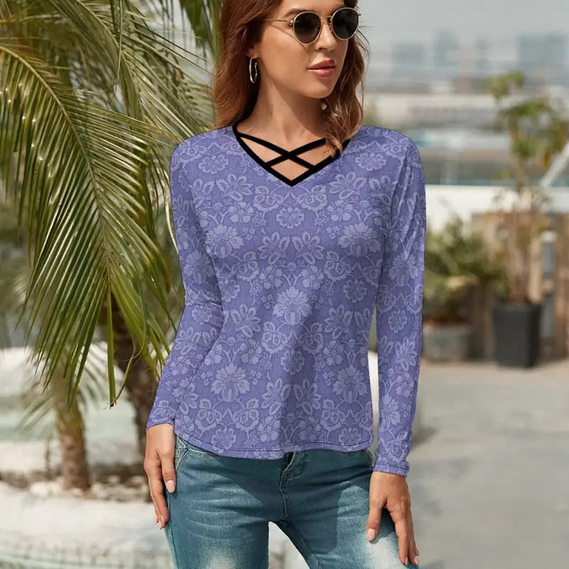 Purple floral v-neck long sleeve t-shirt with crisscross neckline detail