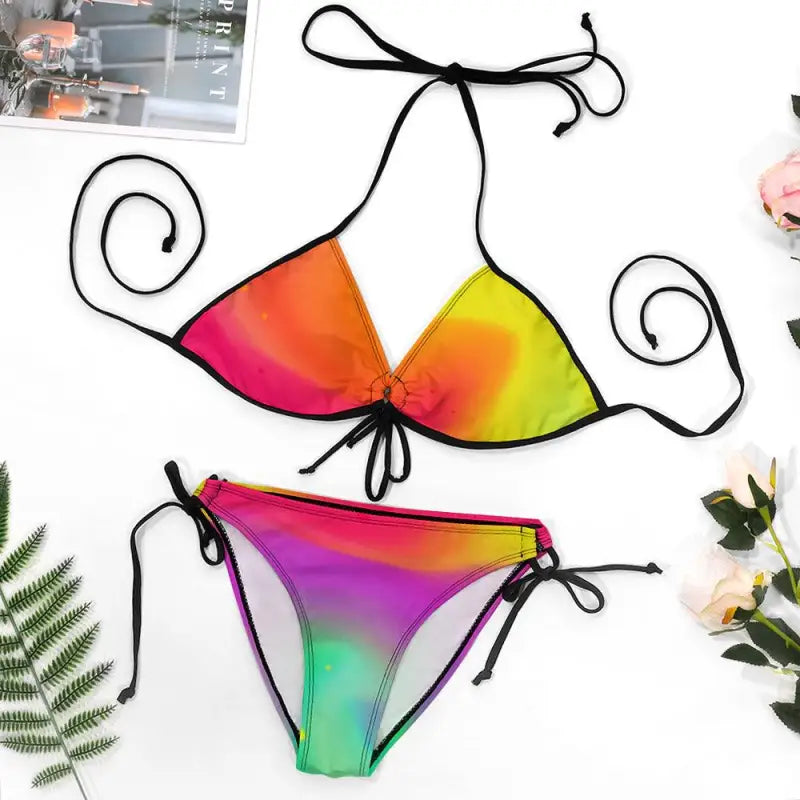 Colorful rainbow gradient multicolored bikini swimsuit with black string ties