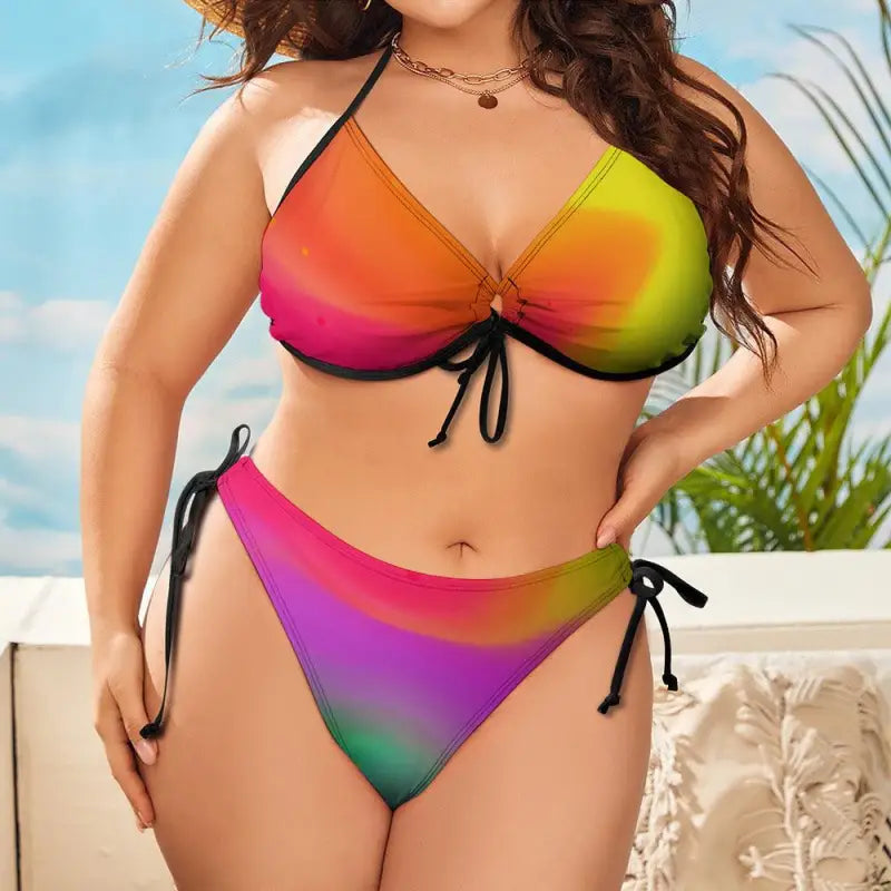 Vibrant multicolored bikini swimsuit with tie details on a curvy figure