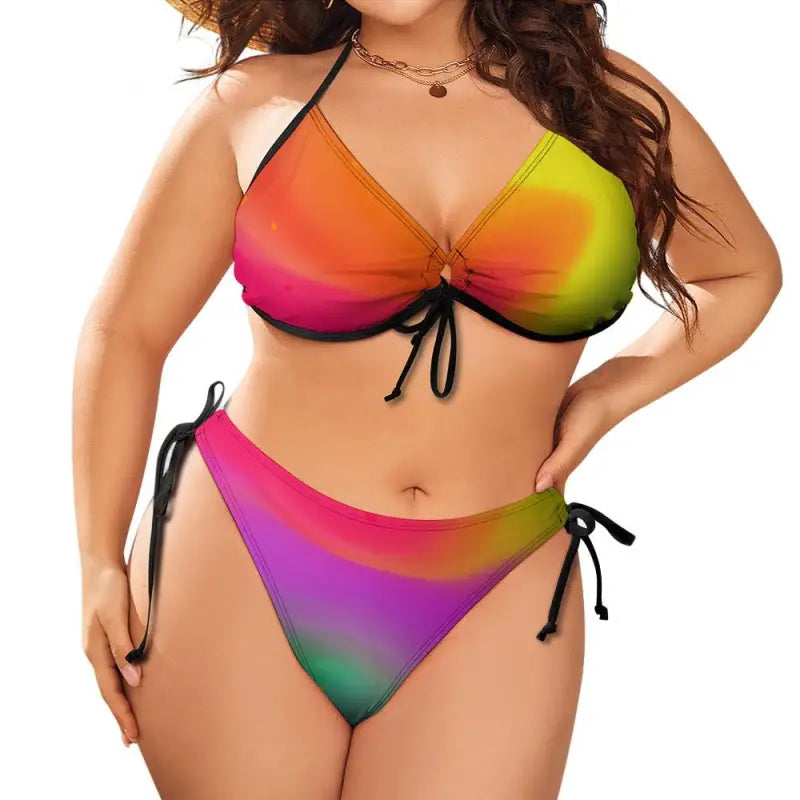 Vibrant multicolored bikini swimsuit with halter top and tie-side bottoms for summer fun