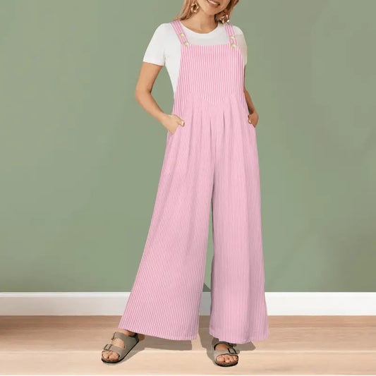 Comfy pink striped jumpsuit with pockets, perfect for rocking any casual day out