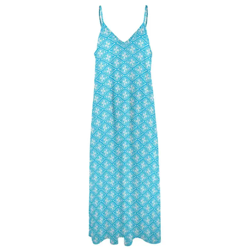 Turquoise silky flowing sleeveless boho maxi dress with white flowers perfect for summer