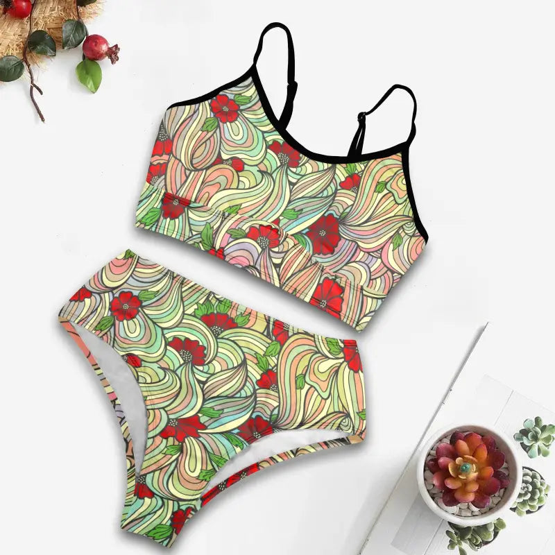 Two-piece Floral Swirl Halter Bikini with green, beige, and red banana pattern for summer vibes