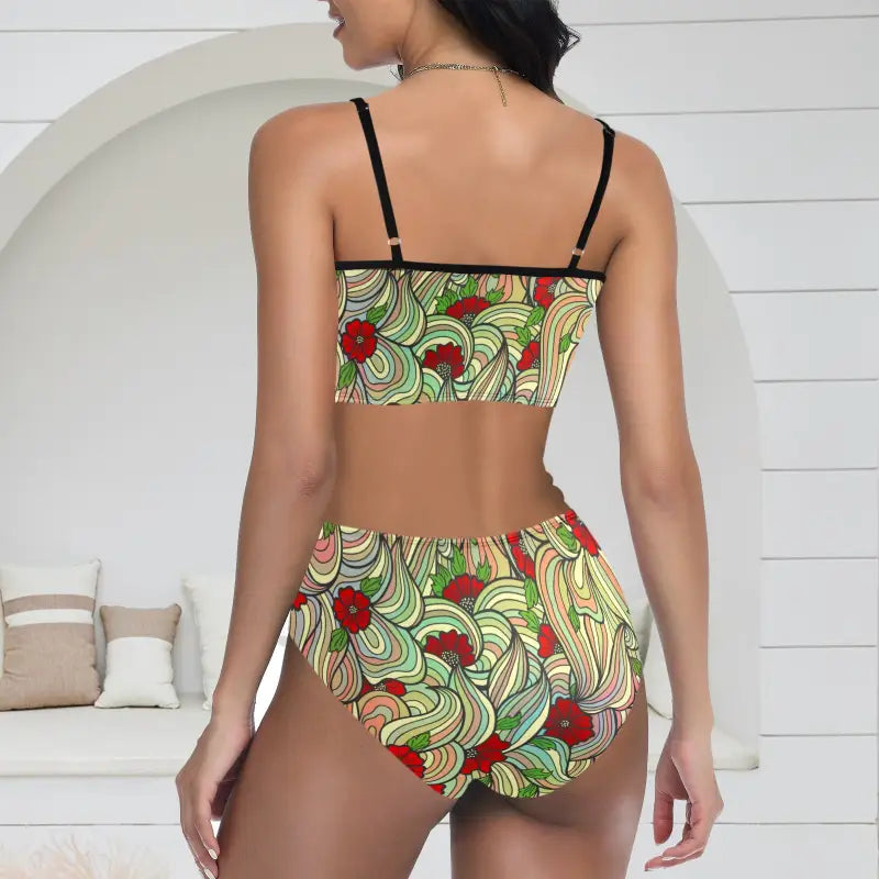 Floral Swirl Halter Bikini in vibrant green, yellow, and red for awesome summer vibes