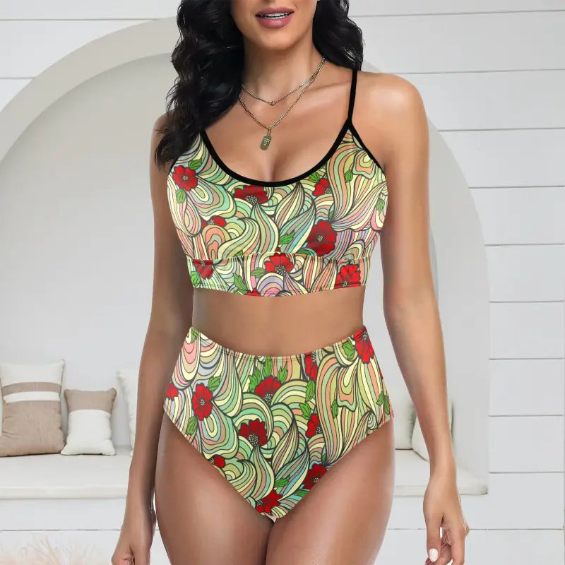 Two-piece Floral Swirl Halter Bikini in green, beige, and red for summer vibes