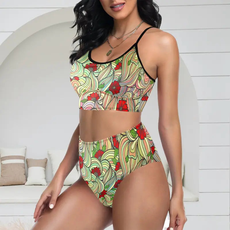 Floral Swirl Halter Bikini with green and red art nouveau print for summer vibes