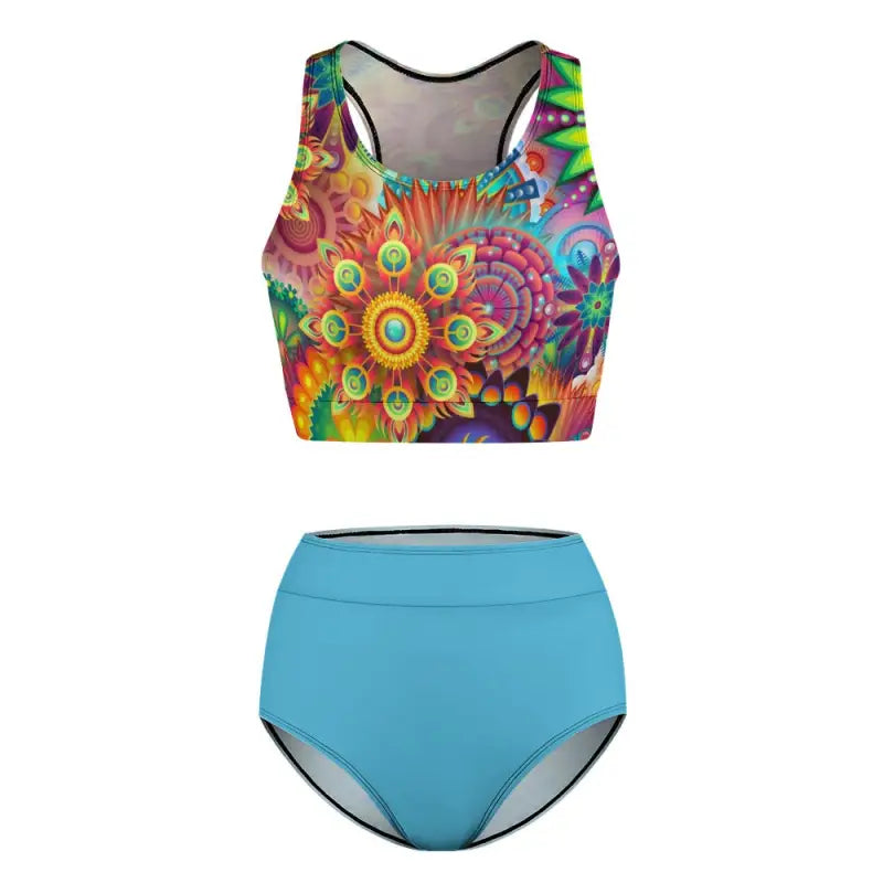 Colorful psychedelic peacock feather print on a stylish Ladies Mandala Two Piece Bikini