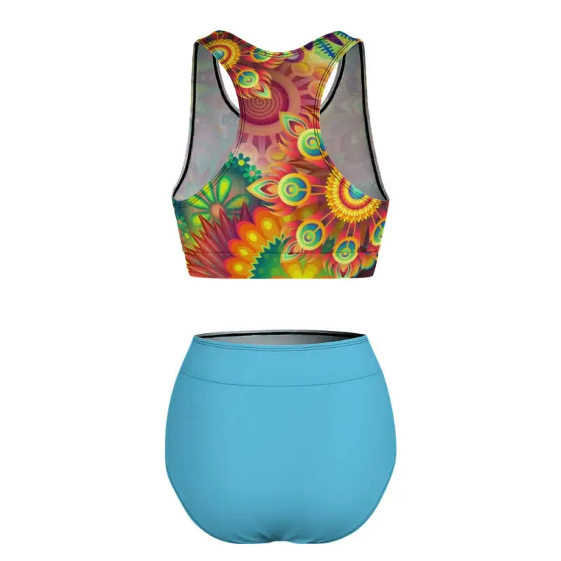 Two-piece swimsuit featuring a tie-dye crop top and turquoise bottom, perfect for female friends