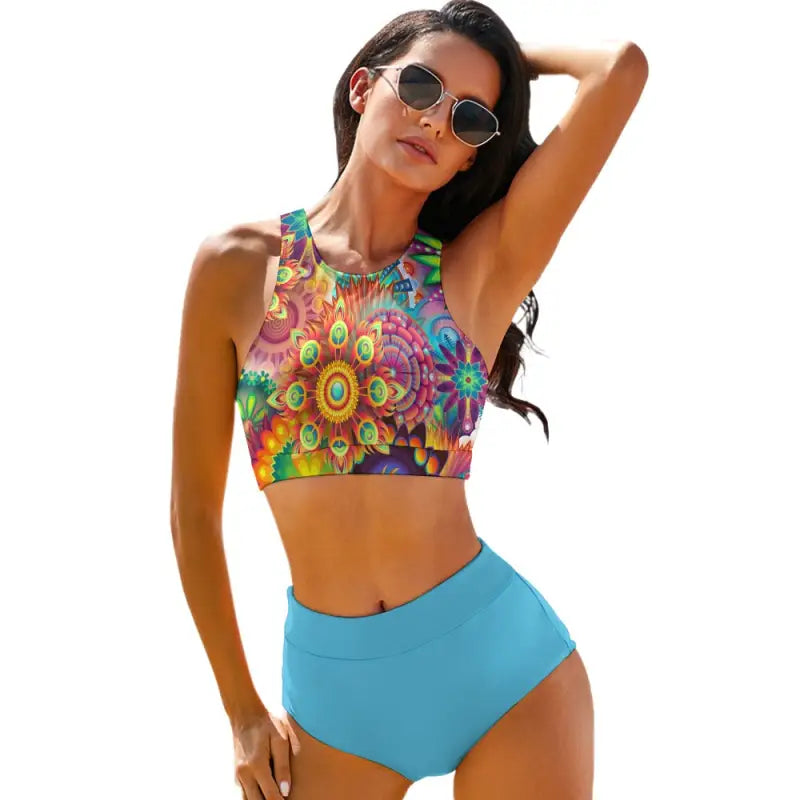 Colorful ladies Mandala two piece bikini with turquoise bottoms, perfect for female friends