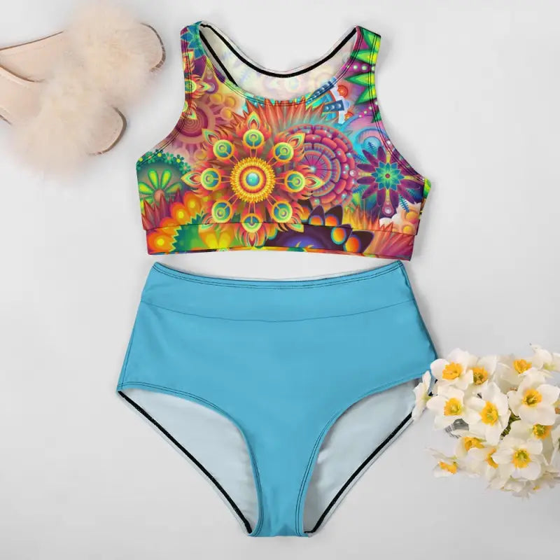 Ladies Mandala Two Piece Bikini with a colorful floral top and turquoise bottom