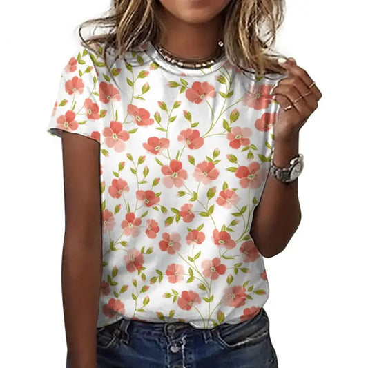 Floral t-shirt featuring pink flowers and green leaves on a white background for women