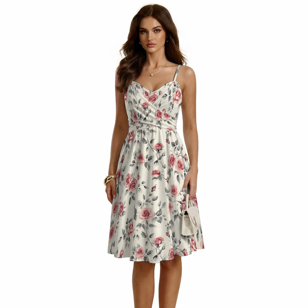 romantic floral midi dress studio front view