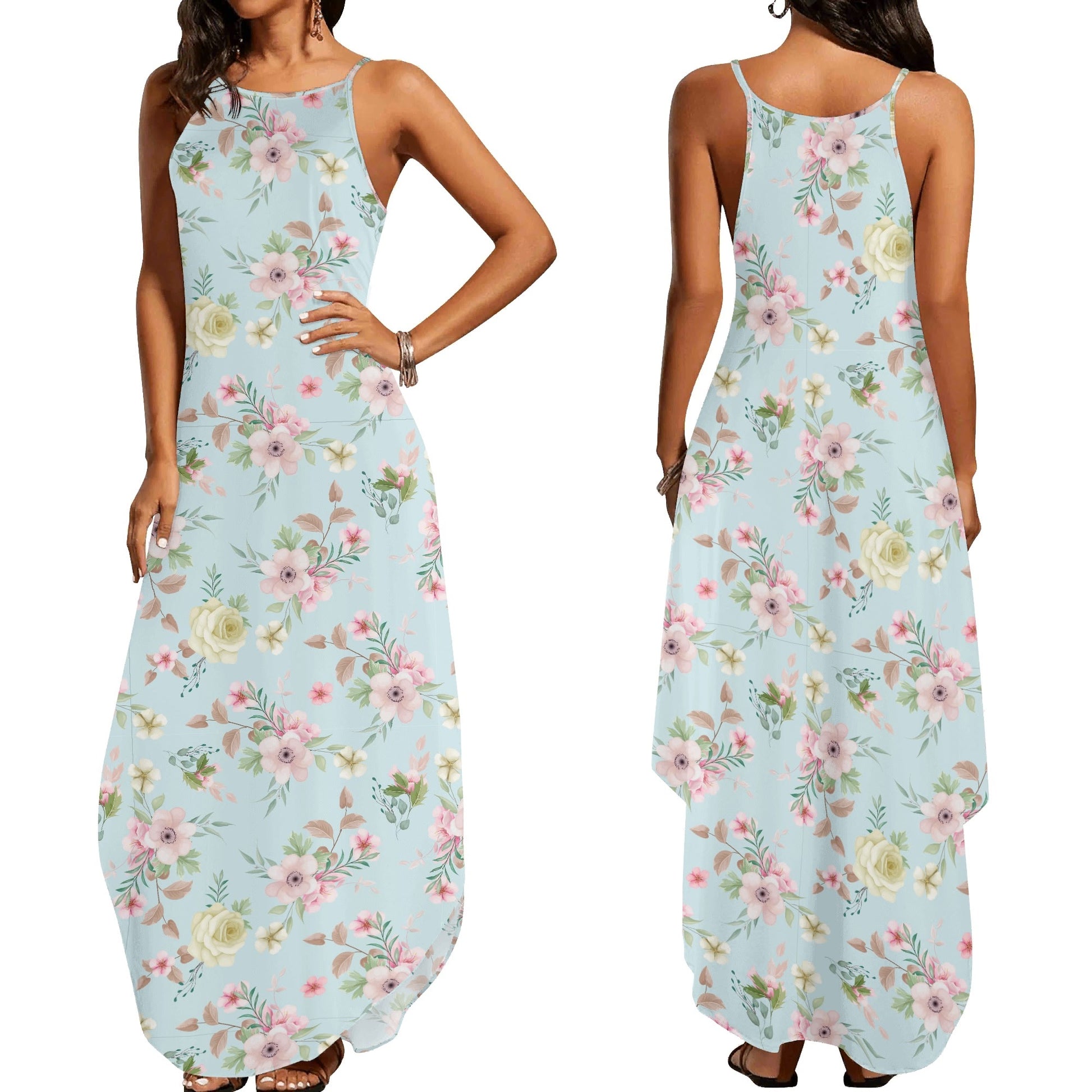 romantic sky blue floral summer maxi dress