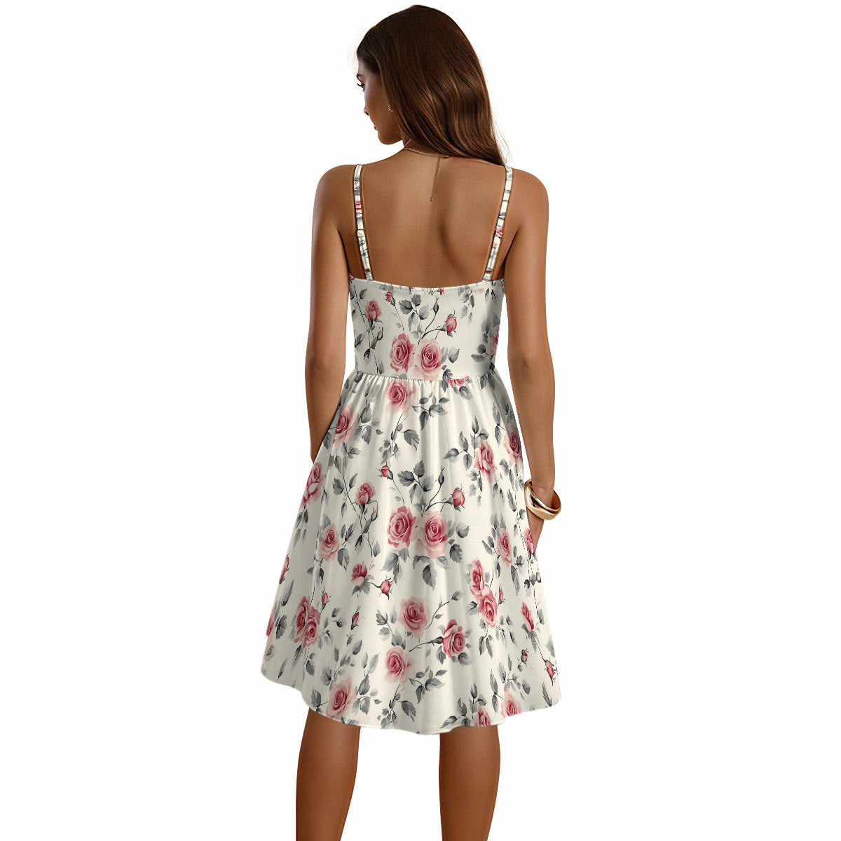 rose print dress back view balanced silhouette