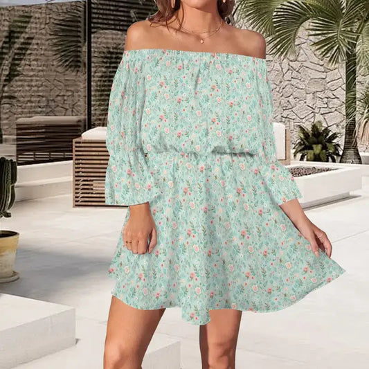 Mint green off-shoulder floral dress with ruffle sleeves, perfect for comfy style