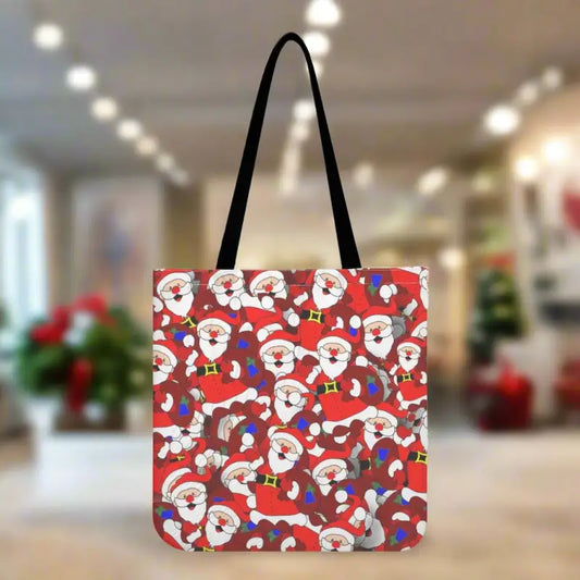 Festive Santa Claus pattern on a reusable Christmas canvas tote bag with handles