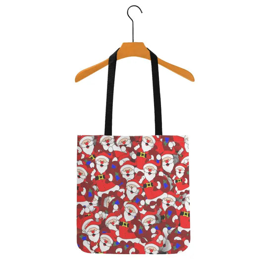 Festive Santa Claus pattern on a reusable Christmas canvas tote bag with handles