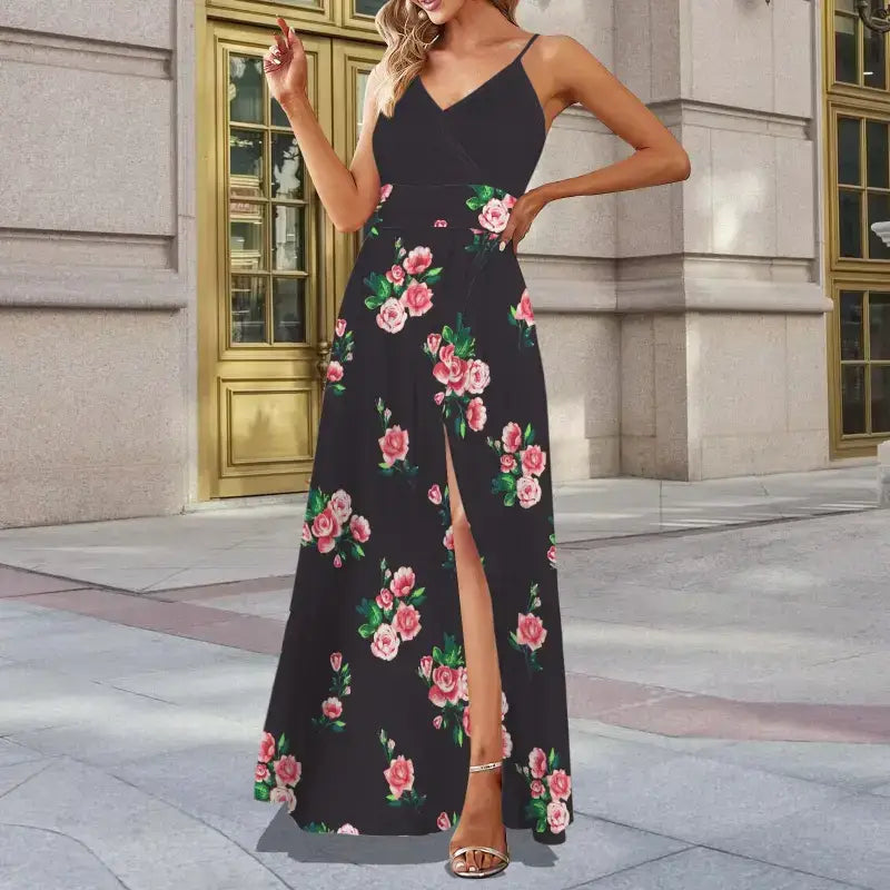 Black floral maxi dress with spaghetti straps and side slit, perfect for a boho summer look