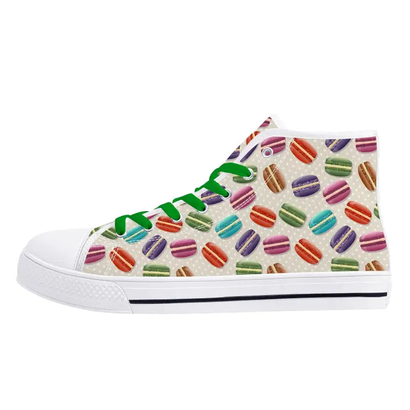 Womens macaron high top sneakers in colorful pattern with breathable canvas and green laces