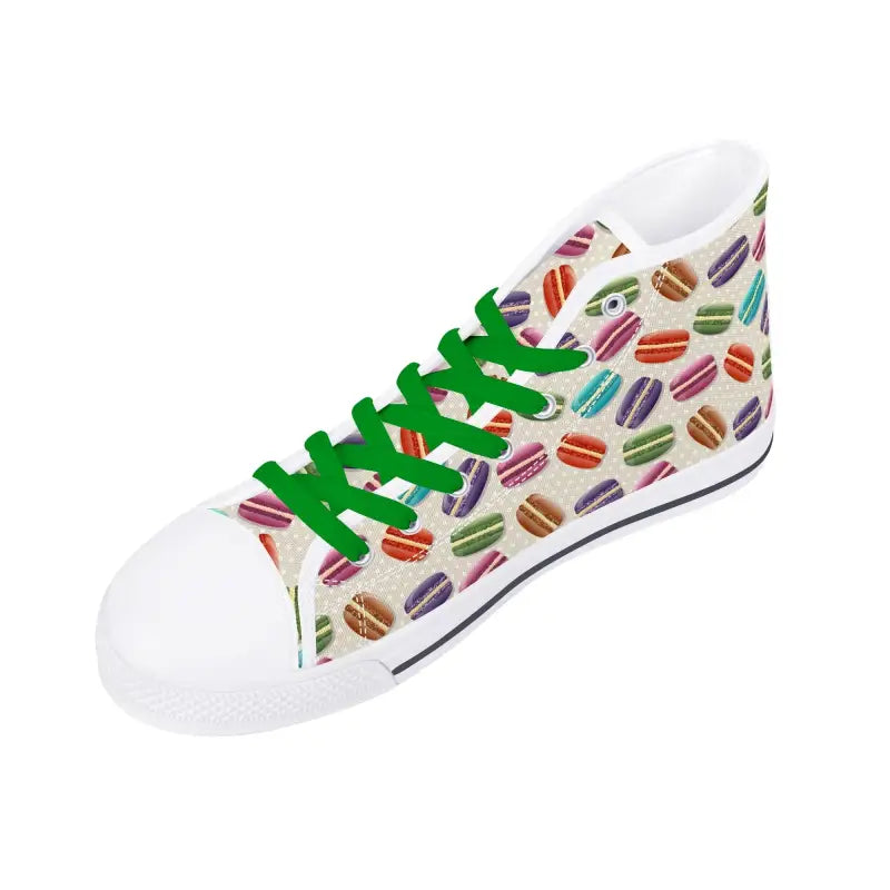 White sneaker with macaron pattern and green laces, perfect for womens macaron high style