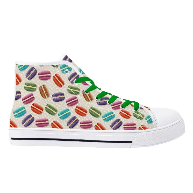 Womens macaron high-top sneakers with colorful pattern and breathable canvas and green laces