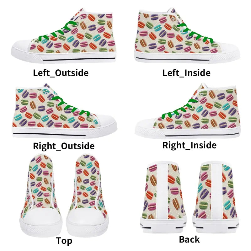 High-top sneakers with a colorful macaron pattern and green trim, perfect for stylish women