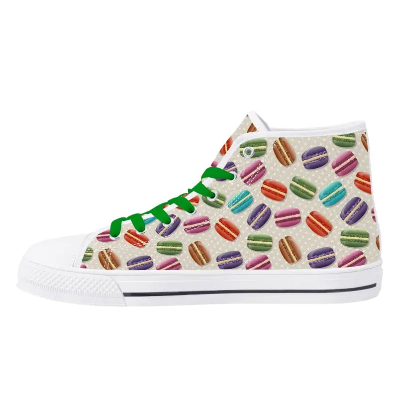 Womens macaron high tops with colorful print, breathable canvas, and lace-up closure