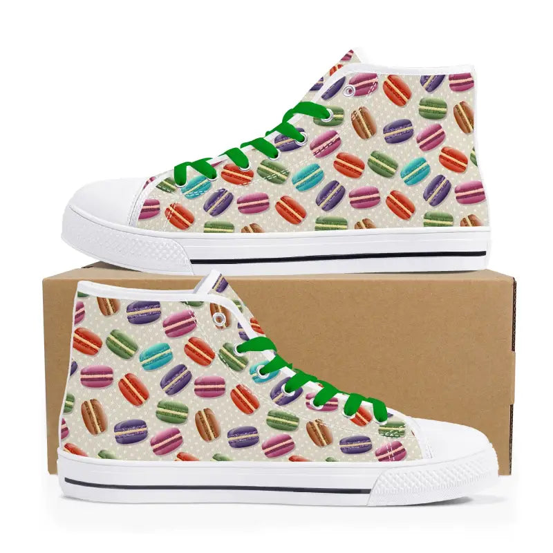 Womens macaron high canvas sneakers with green laces and playful design for stylish flair