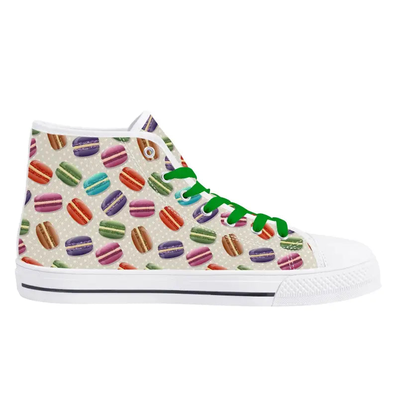 Womens macaron high tops featuring a colorful macaron pattern and breathable canvas