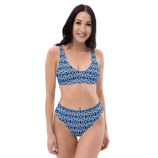 Blue boho high-waisted bikini featuring a patterned sports bra-style top and bottoms