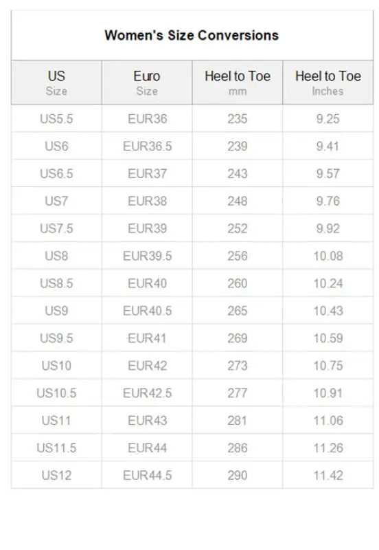 Women’s Seattle Low size chart for boho dresses: US, Euro, heel-toe mm/in
