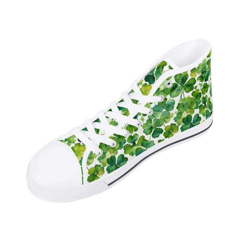 Women’s Shamrock High Tops with green shamrock pattern on white canvas for a fun vibe