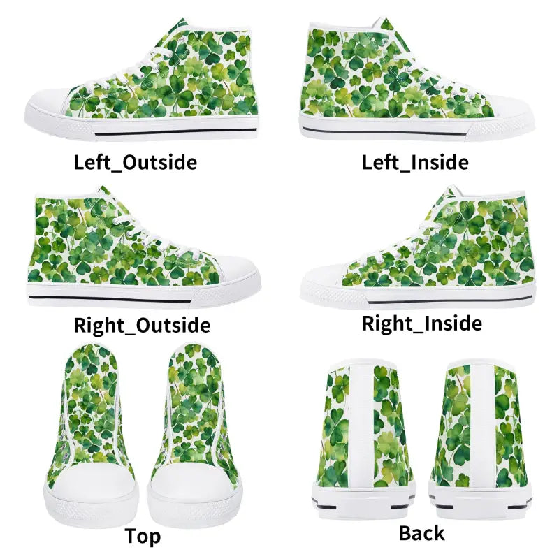 High-top sneakers with a green shamrock pattern, perfect for stylish women’s shamrock high vibes