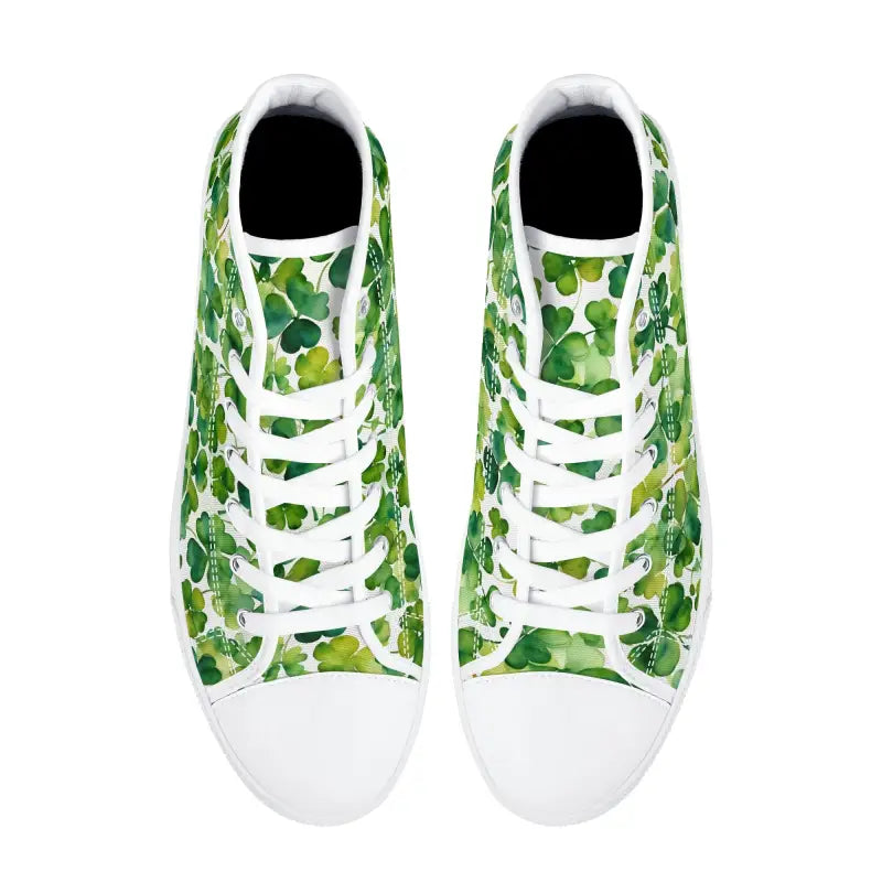 High-top sneakers with a cool green shamrock pattern and white laces for women’s style